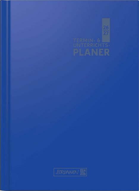 Blauer Umschlag mit "Termin- & Unterrichts-Planer 26/27" in grauer Schrift. Unten ein kleines Logo mit der Aufschrift "BRUNNEN".