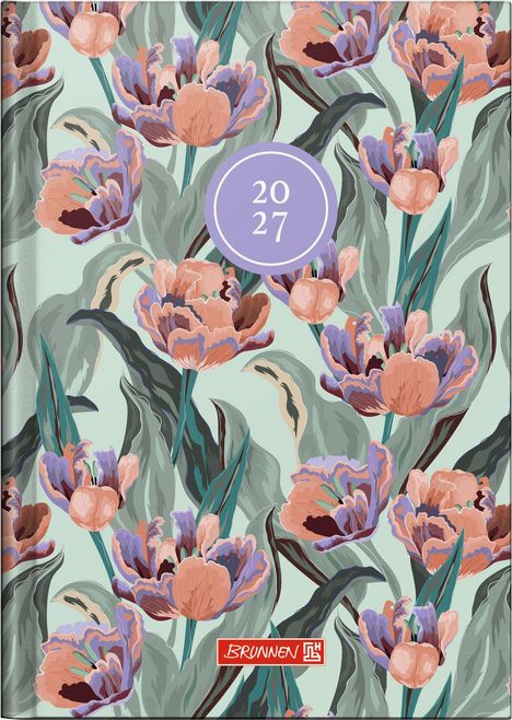 Text: „2027“ auf einem lila Kreis, „Brunnen“ in einem roten Rechteck. Darstellung von gezeichneten Blumen und Blättern.
