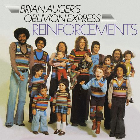 Text oben: "BRIAN AUGER'S OBLIVION EXPRESS REINFORCEMENTS". Gruppenfoto von fröhlichen Menschen und Kindern in bunter Kleidung.