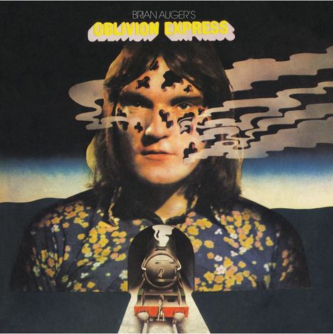 Text: "Brian Auger's Oblivion Express". Illustration eines Gesichts mit einem Zug aus einem Tunnel.