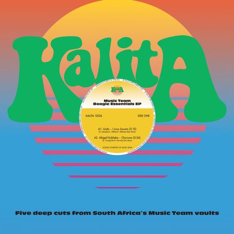 "Music Team Boogie Essentials EP. A1. Linda – I Love Soweto. A2. Abigail Kubheka – Charisma." Grünes Logo, Retro-Stil.