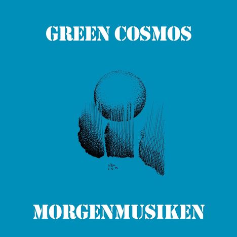 Text: "GREEN COSMOS" oben, "MORGENMUSIKEN" unten. Illustration: Abstraktes geometrisches Muster auf blauem Hintergrund.