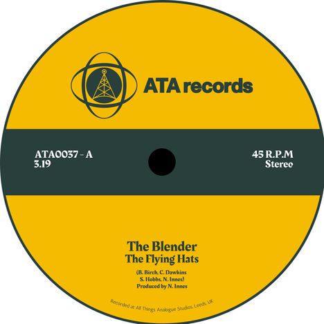 "ATA records", Song: "The Blender" von "The Flying Hats". Illustration eines Schallplattenlabels in Gelb und Schwarz.