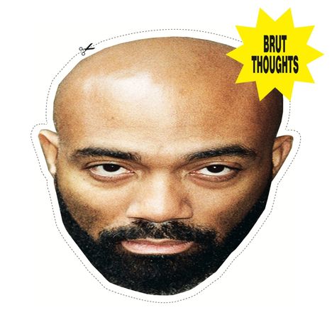 Text: "BRUT THOUGHTS" auf gelbem Stern. Abbild eines Gesichts mit Glatze und Bart. Gesicht ist ausgeschnitten.