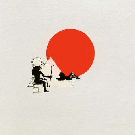 Eine minimalistische Illustration mit Pyramiden, einer sitzenden Figur mit Stock und einer großen roten Sonne im Hintergrund.
