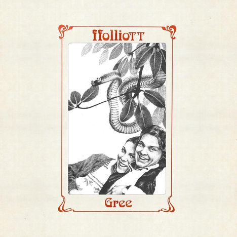 Text oben: "ffolliott", unten: "Gree". Illustration von zwei lächelnden Menschen, über ihnen eine Schlange auf einem Ast.