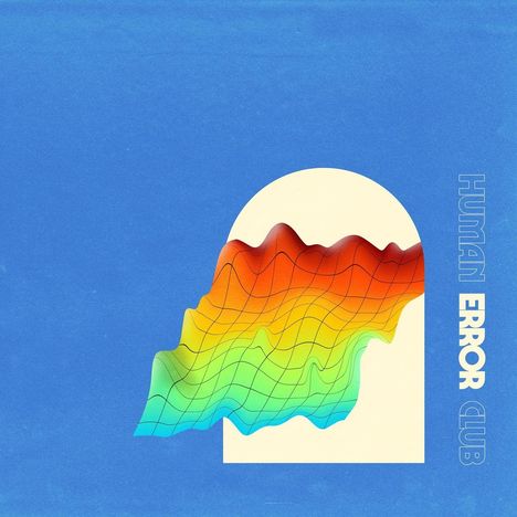Text: "HUMAN ERROR CLUB". 
Illustration: Buntes 3D-Gitter vor einem blauen Hintergrund in einem weißen Bogen.