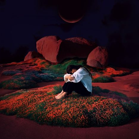 Eine Frau sitzt auf einer blühenden Moosinsel. Rote Blumen, große Felsen im Hintergrund, dunkler Himmel mit Mond.