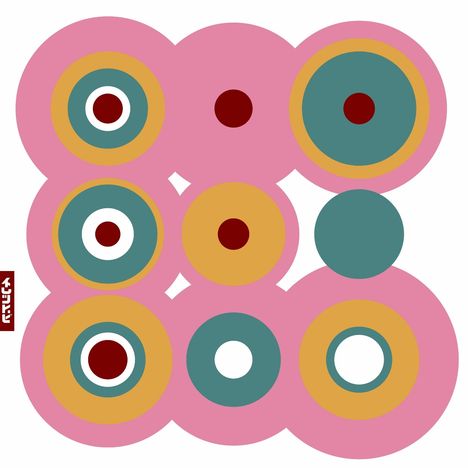 Text: "RETRO". Illustration mit bunten, konzentrischen Kreisen in Rosa, Blau und Gelb.