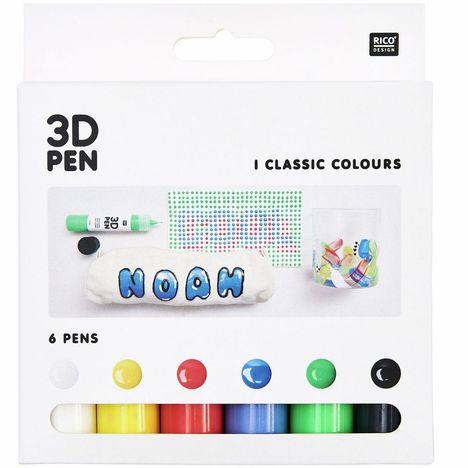 3D Pen Set mit 6 klassischen Farben. "NOAH" in Blau auf einer Tasche. Enthält Farbflaschen und Zubehör.
