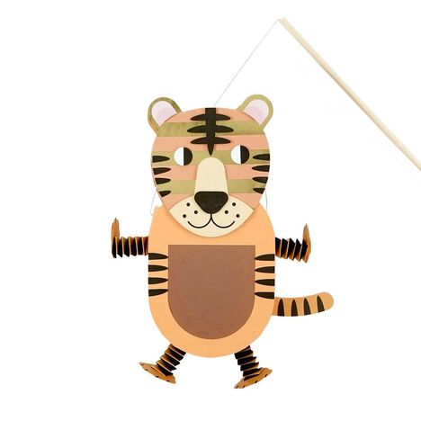 Eine Illustration eines fröhlichen, stilisierten Tigers aus Papier mit beweglichen Gliedmaßen an einer Schnur.