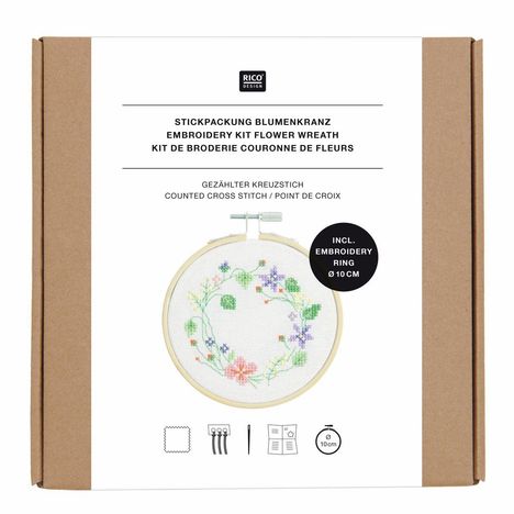 "Stickpackung Blumenkranz. Gezählter Kreuzstich. Inkl. Embroidery Ring Ø 10 cm." Illustration: Blumenkranz-Stickerei.