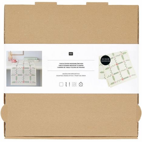 Tischläufer Wiesenblümchen. Gekreuzte Stickmuster, 42x164 cm. Verpackung aus brauner Pappe.