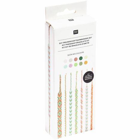 "DIY Freundschaftsarmbänder Set." Verpackung zeigt bunte Beispiele von Armbändern mit "Neon Mix Colours" Palette. 