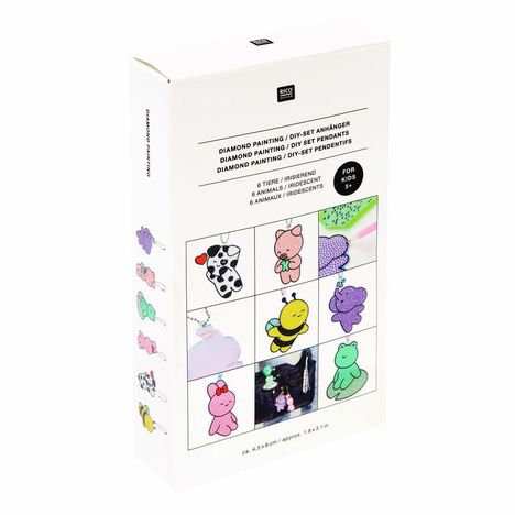 Auf der Verpackung steht "Diamond Painting / DIY-Set Anhänger", darunter sind bunte Tiermotive abgebildet.