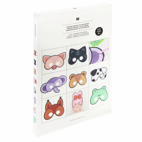 "Diamond Painting DIY Set Masken, 8 Tiere, 5+; Masken von Tiergesichtern: Schwein, Katze, Hase, Elefant, Bär, Hund, Fuchs, Frosch."