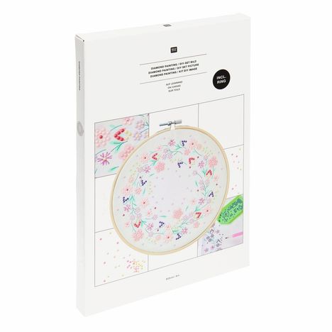 "Diamond Painting / DIY-Set Bild, auf Leinwand." Enthält ein kreisförmiges florales Muster in Pastellfarben.