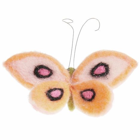 Eine Filzillustration eines Schmetterlings in sanften Rosa- und Gelbtönen mit schwarzen Umrandungen. Drahtige Fühler.