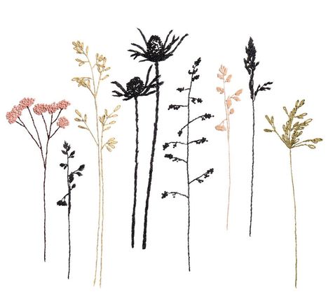 Illustration: Aus verschiedenen farbigen, gestickten Pflanzen bestehende Anordnung mit filigranen Blättern und Blüten.