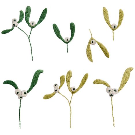 Eine Illustration von sieben gestickten Mistelzweigen mit grünen und gelben Blättern und weißen Beeren.