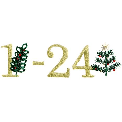 "1-24" in goldfarbener Stickschrift, flankiert von Tannenzweigen. Rechts ein mit Stern dekorierter Tannenbaum.