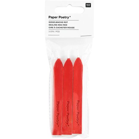 Text: "Paper Poetry*, Siegelwachs Rot, Sealing Wax Red, Cire à Cacheter Rouge, 3 Stk./PCS." Drei rote Wachs-Sticks in Plastiktüte.
