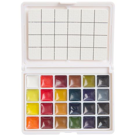 Aquarellkasten mit 24 verschiedenen Farben und einem leeren Raster zum Mischen im Deckel.