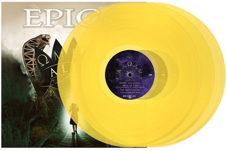 Text: "EPIC", "OMEGA", "ALPHA", Songtitel sind aufgelistet. Gelbe Schallplatte über einem Albumcover mit mystischem Design.