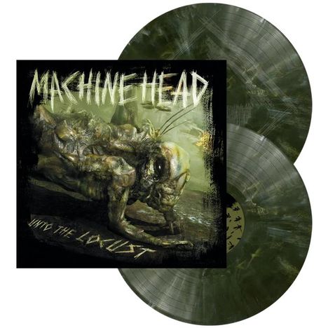 Text: "MACHINE HEAD", "UNTO THE LOCUST". 
Illustration: Eine bedrohlich aussehende Heuschrecke. Zwei grün marmorierte Schallplatten.