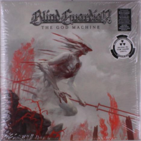 "Blind Guardian - The God Machine". Illustration eines düsteren, humanoiden Wesens mit Speer, umgeben von roten Flammen und Rauch.