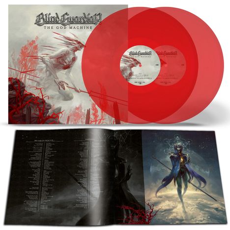 "Blind Guardian: The God Machine" steht oben. Zwei rote Vinyl-Schallplatten liegen neben einem Cover mit einer dynamischen Figur. Darunter ist ein offenes Booklet mit Texten und einer mystischen Illustration.