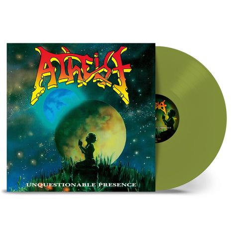 Text: "ATHEIST" und "UNQUESTIONABLE PRESENCE".  
Illustration: Mensch in Gras, Planeten im Hintergrund.  
Vinyl: Grün.