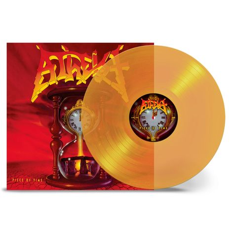 Auf rotem Hintergrund ein Schriftzug "PIECE OF TIME". Eine orangefarbene Vinyl-Schallplatte zeigt ein Uhr-Symbol.