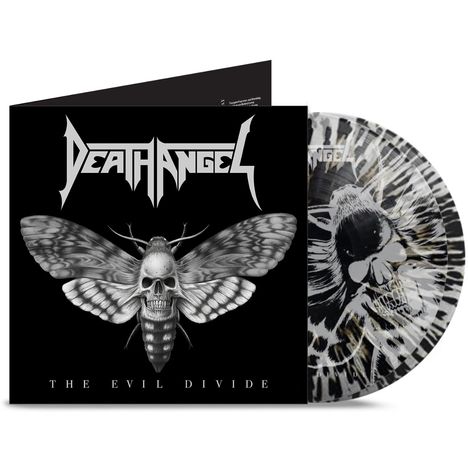 "Death Angel" und "The Evil Divide" in weiß auf schwarz. Eine Motte mit Totenkopf als Detail. Vinyl-Scheibe im Hintergrund.
