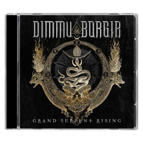 "Dimmu Borgir, Grand Serpent Rising" ist in stilisierter Schrift zu sehen. Ein goldenes Schlangenmotiv und Ornamente schmücken es.