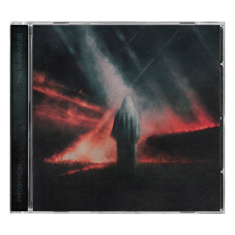 CD-Hülle mit Text: "THE NARRATOR" an der Seite. Illustration: Verschleierte Gestalt vor einem rot-schwarzen, feurigen Hintergrund.