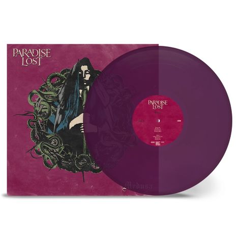 "Paradise Lost" oben links. Violette Vinylplatte, Schlangendesign, düstere Figur mit Kapuze im Vordergrund.