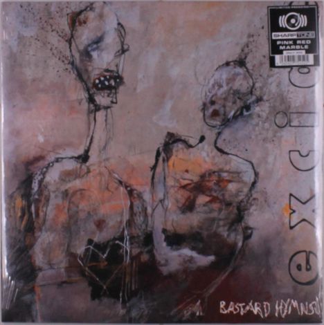 Texte: "PINK RED MARBLE," "excid," "BASTARD HYMNS."  
Illustration: Abstrakte Figuren mit verwaschenen Farben.