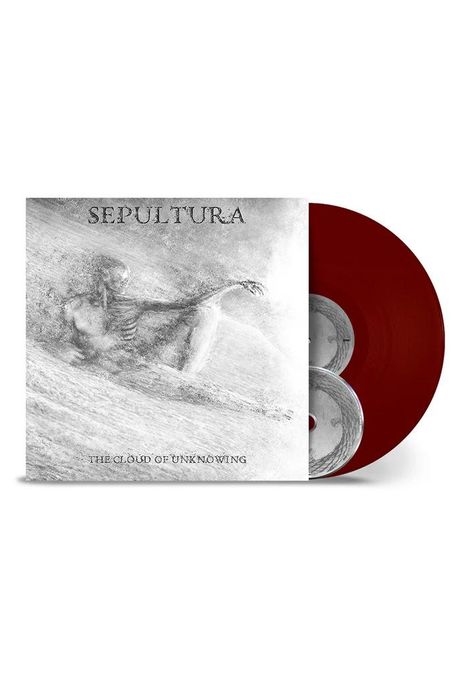 „Sepultura“ und „The Cloud of Unknowing“ stehen auf einem grauen, stürmischen Cover, daneben rote Vinyls.