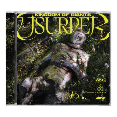 "Kingdom of Giants Usurper" in gelbem Text oben, ein Ritter liegt auf einer Wiese voller Blumen in seiner Rüstung.