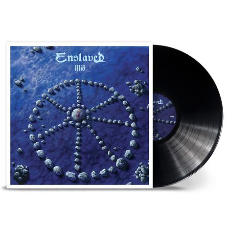 Text: Enslaved, Miðð. Illustration eines Steinkreises im Wasser, Vinyl-Schallplatte sichtbar.
