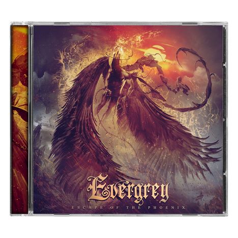 „Evergrey, Escape of the Phoenix“. Dynamisches Gemälde: Phöenix erhoben in Flammen und Rauch, epische Atmosphäre.