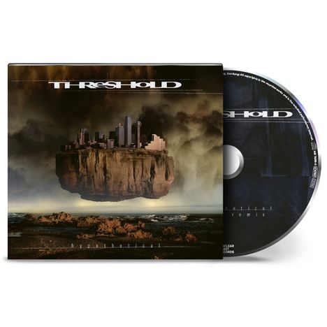 "Threshold", "Hypothetical". Illustration: Schwebende Insel mit futuristischen Gebäuden über einer stürmischen Meereslandschaft.