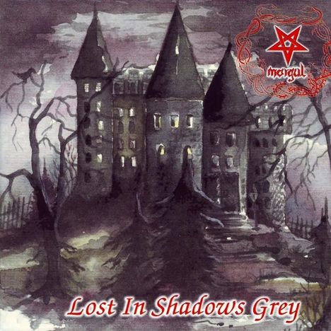"Lost In Shadows Grey", Logo mit rotem Stern, düsteres Gemälde eines Schlosses mit kahlen Bäumen im Hintergrund.