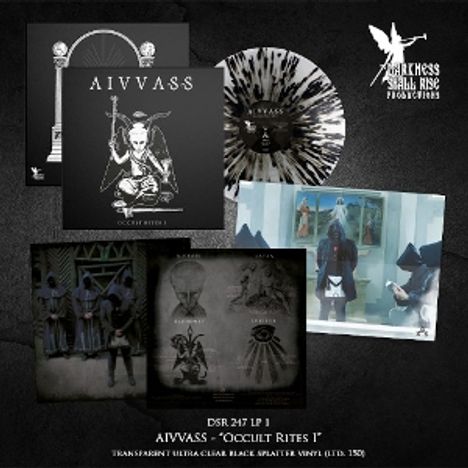 „AIVVASS – Occult Rites I“ und „Darkness Shall Rise Productions“ als Logo. Schallplatte und mystische Coverkunst.