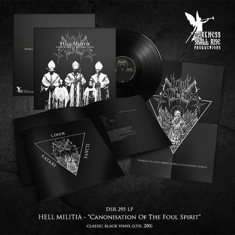 Texte: "HELL MILITIA", "CANONISATION OF THE FOUL SPIRIT", "LIBER SATANI SANCTI". Schwarzes Vinyl mit Artworks.
