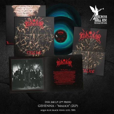 DSR 268 LP (2ND PRESS) GEHENNA - "MALICE" (2LP) AQUA BLUE BLACK VINYL (LTD. 500). Cover mit blauen und schwarzen Schallplatten.
