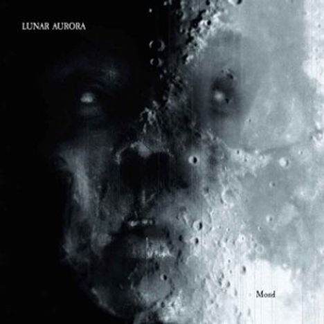 Text: "LUNAR AURORA" und "Mond". Dunkles, kontrastreiches Bild, menschliches Gesicht mit Mondoberfläche verschmolzen.