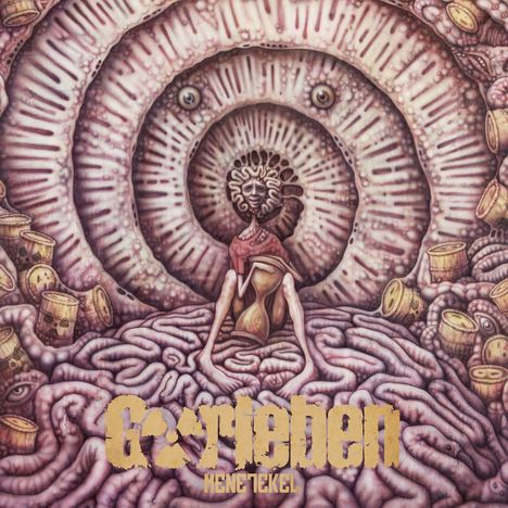 "Gorleben" und "Mene Tekel" sind in gelber Schrift zu sehen. Eine surreale Illustration zeigt eine Person in einer organischen Umgebung.