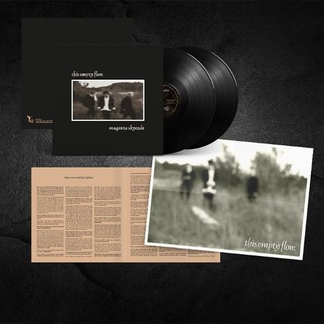 Text: "this empty flow", "magenta skycode". Zwei Schallplattenhüllen, verschwommenes Foto von Menschen, Infoblatt.